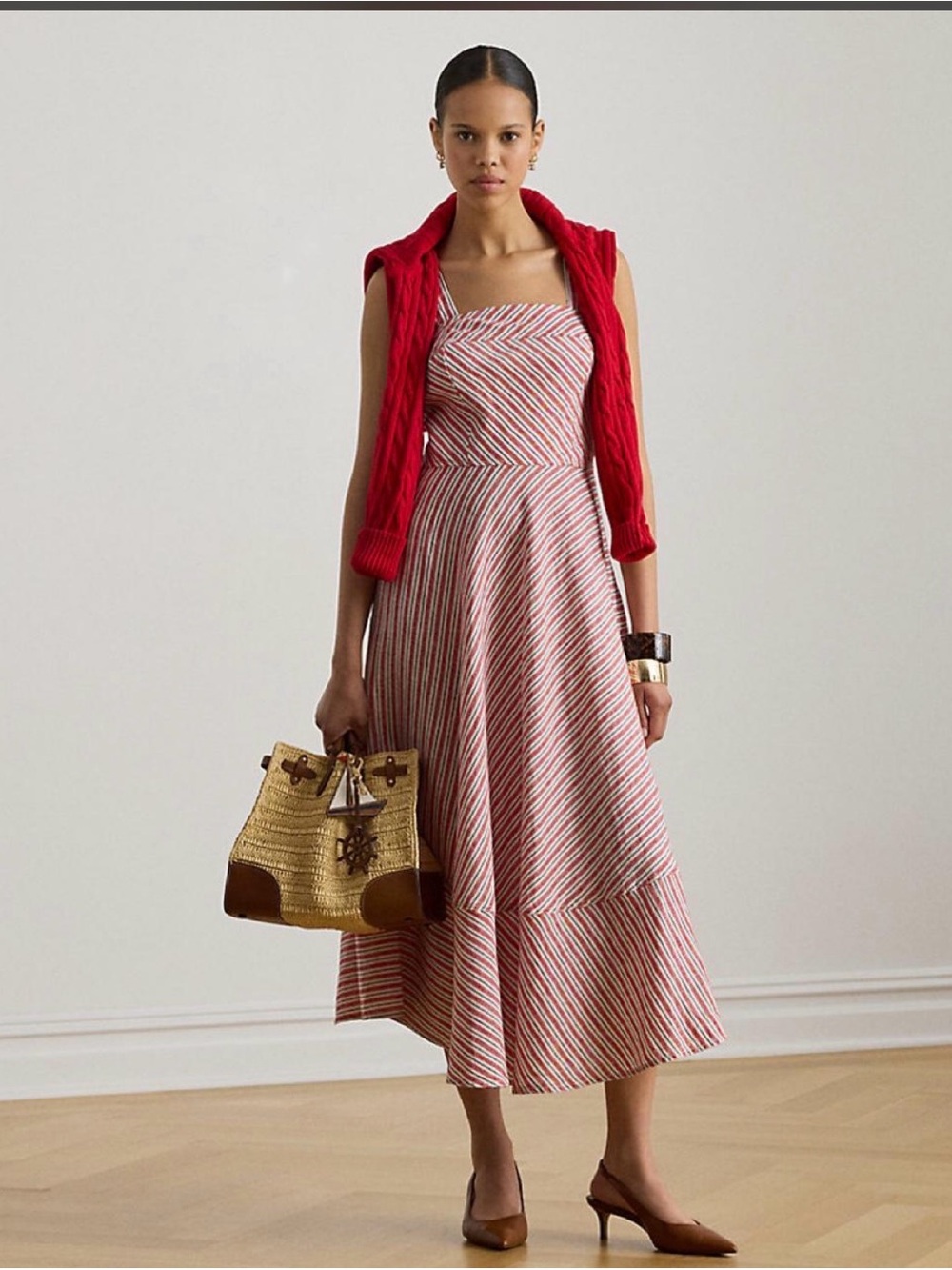 Polo by Ralph Lauren Red and White Striped Midi Dress